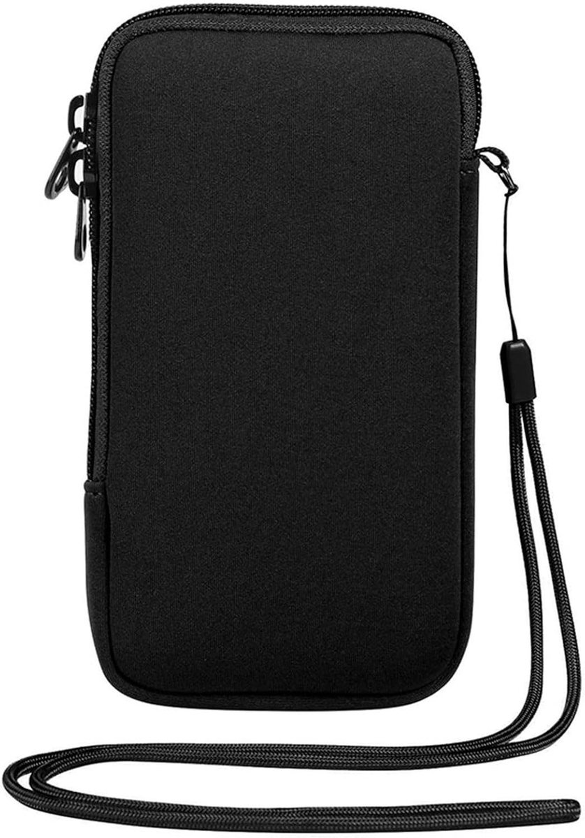 Allecto Plus - Universele neopreen telefoontas met ritssluiting en nekriem - Zwart - Beschermhoes voor mobiele telefoon
