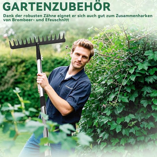Metal Garden Rake with 14 Teeth and Leaf Crushers - Stainless Steel Handle - for Loosening Ground and Leveling Lawn - Robust Construction — afbeelding 4
