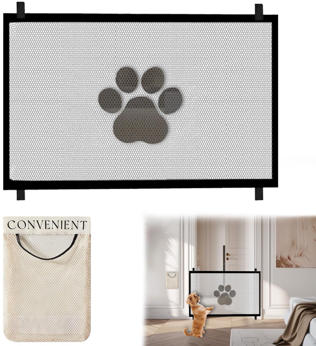 Ibenzoa® Veiligheidshek voor Huisdieren Zonder Boren - Draagbaar Deur- en Trapbeschermingsrooster met Kleefhaken, 110 x 78 cm, Zwart