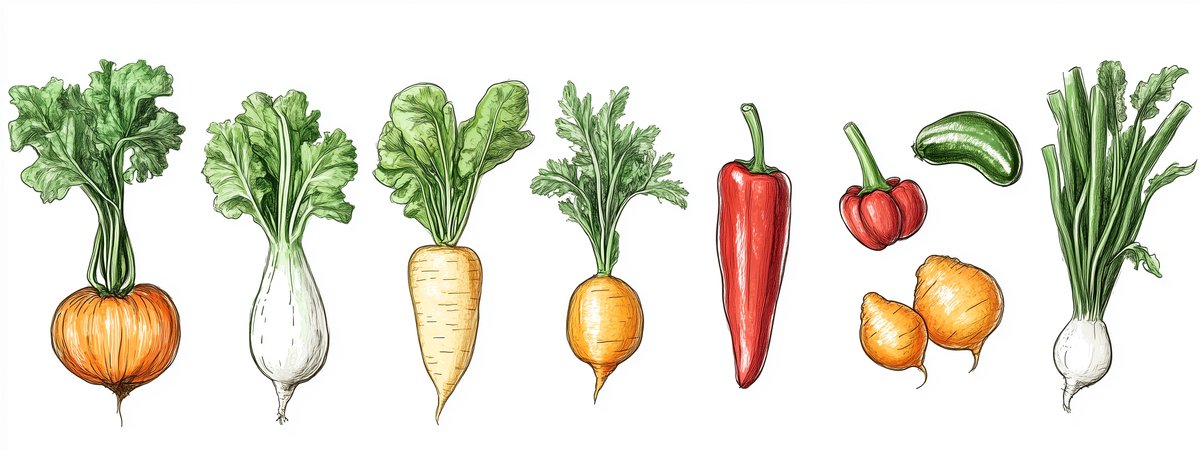 Tuinposter Groenten - Kunst Tuinposters voor Buiten - Tuin decoratie - 610 gram PVC - Weerbestendig Tuindoek - GW6050KMD - Formaat 120 x 45cm