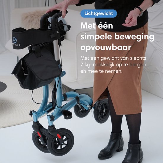 Een vrouw in een bruine rok vouwt een turquoise rollator op. De tekst benadrukt hoe lichtgewicht en opvouwbaar de rollator is.