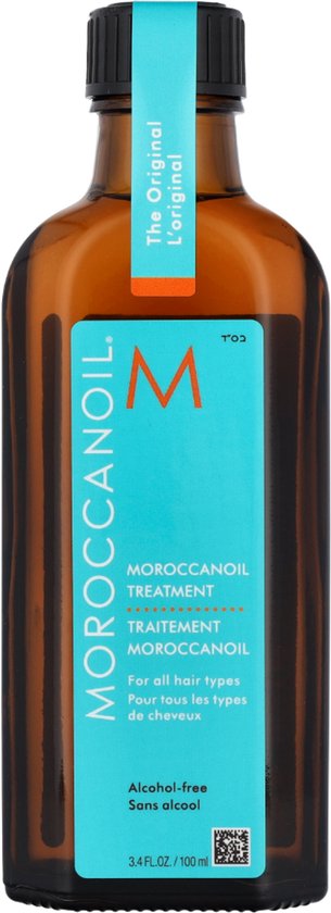 Bruine glazen fles Moroccanoil Treatment met turkoois label. Bevat 100 ml en is alcoholvrij.
