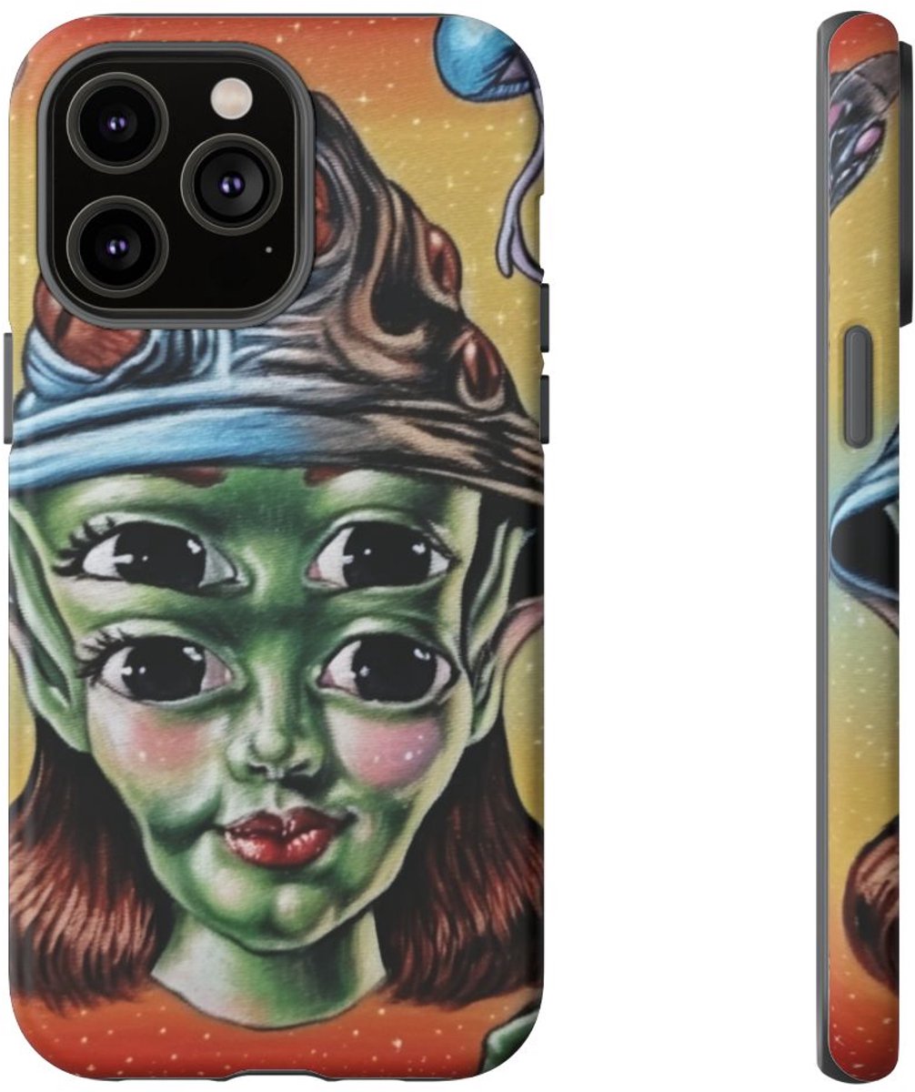 Vierogige Alien met Kosmische Elementen – Telefoonhoesje Geschikt voor iPhone 14 Pro Max