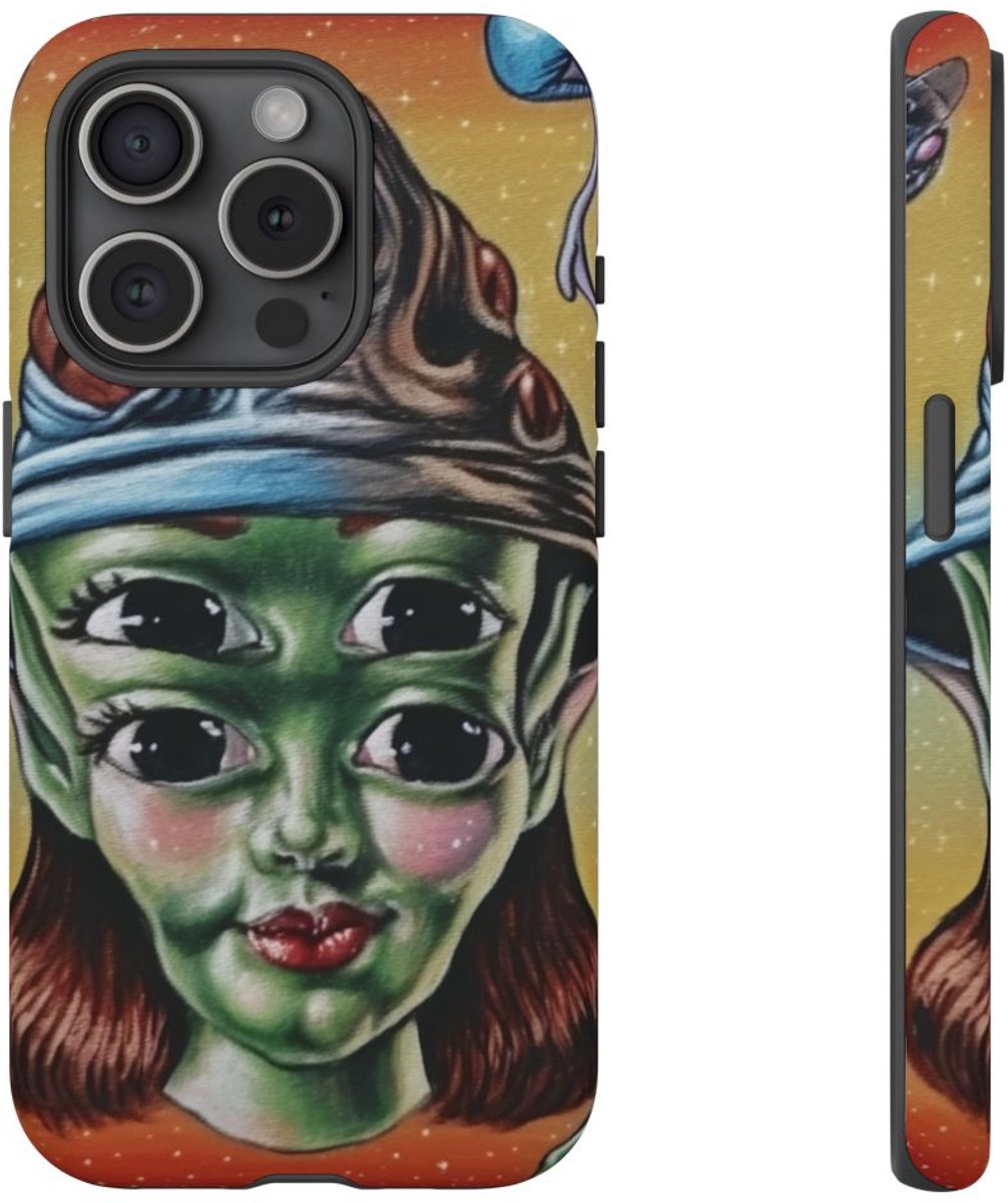 Vierogige Alien met Kosmische Elementen – Telefoonhoesje Geschikt voor iPhone 15 Pro