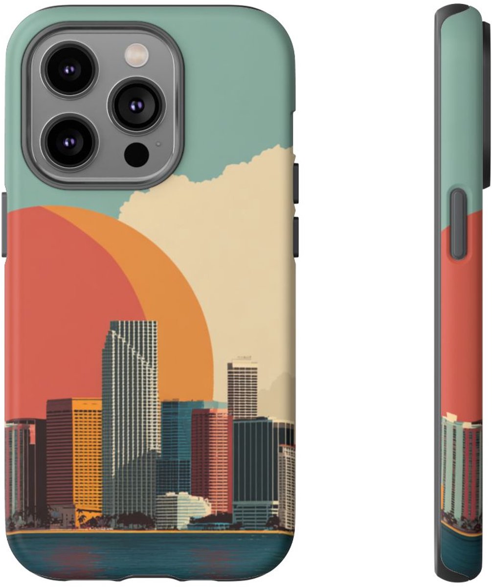 Minimalistische Stadsgezicht met Grote Zon – Telefoonhoesje Geschikt voor iPhone 14 Pro