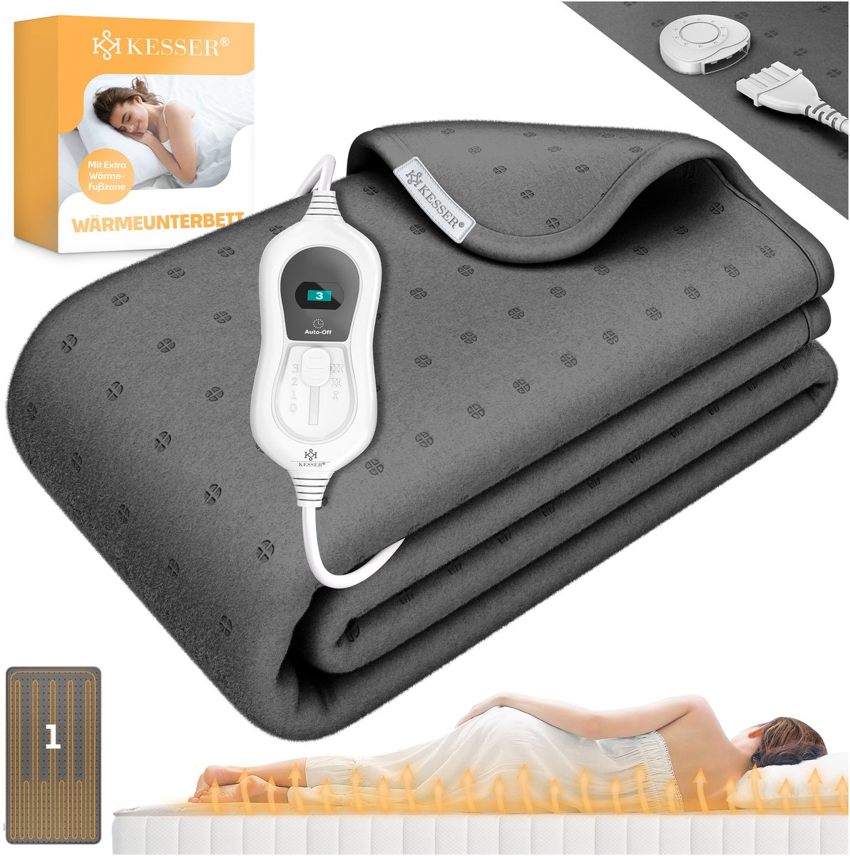 KESSER® Elektrische Onderdeken Warmtedeken met automatisch uitschakelende afstandsbediening | warmte deken met 3 temperatuurstanden | voor matrasverwarming | van zacht fleece - Antraciet zonder motief (150 cm x 80 cm)