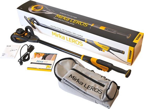 Mirka Leros wandschuurmachine met doos, accessoires, draagtas en schuurschijven.