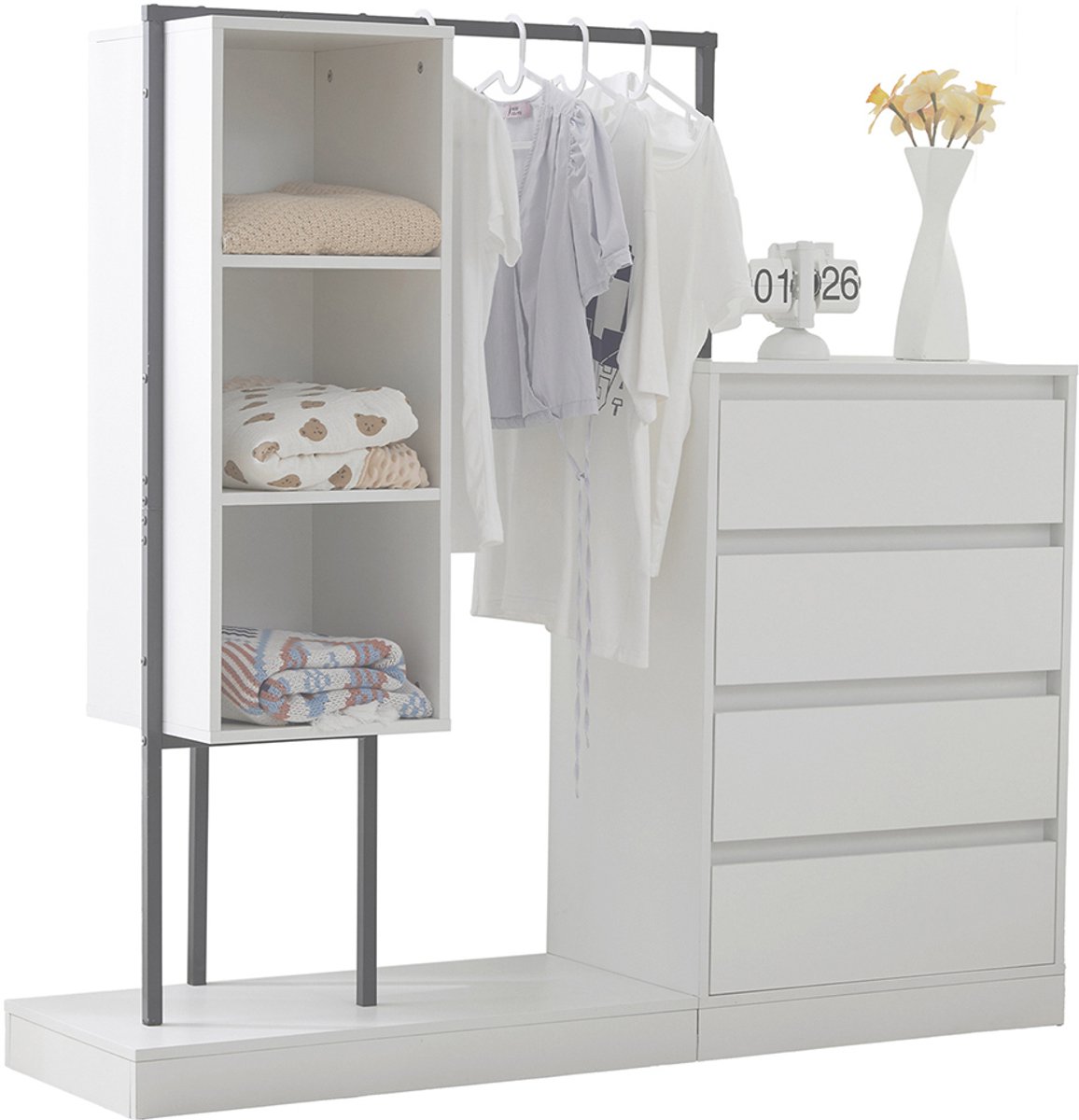 Commode-buffet Blanc 140x35x72 Cm PUGSDRLY - Avec 3 Tiroirs, 2 Portes, éclairage LED Réglable - Pour Salon Ou Chambre