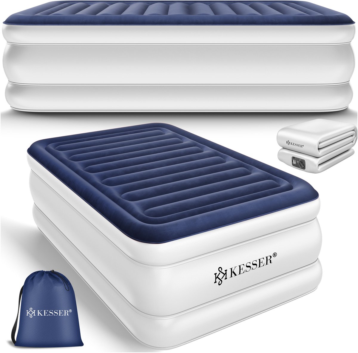 KESSER® Luchtbed Opblaasbaar Matras met Ingebouwde Elektrische Pomp Verhoogd Opblaasbaar Matras voor Overnachtende Gasten met Opbergtas en Reparatiekit - Enkel Blauw / Wit