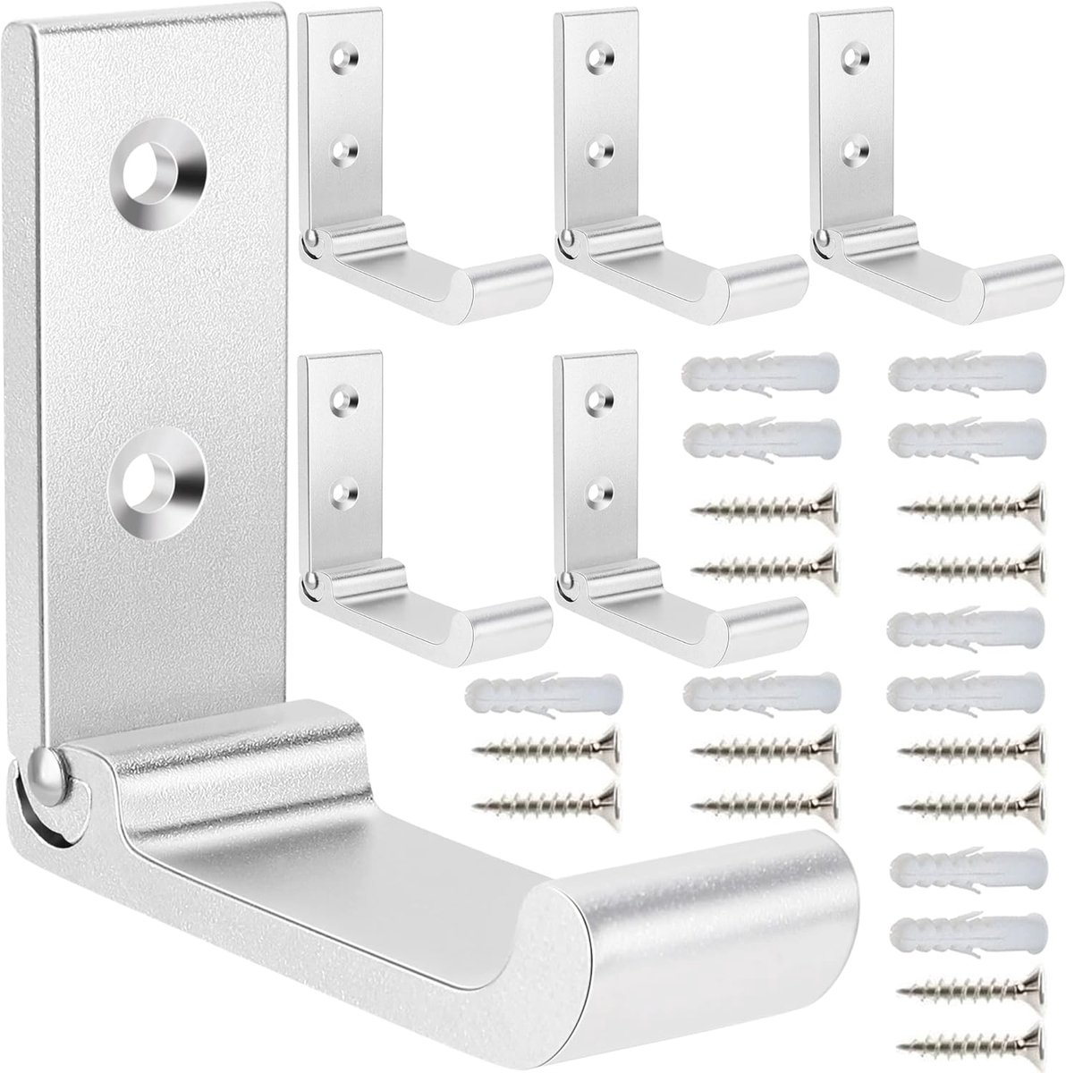 Opvouwbare haak - Opvouwbare kledinghaak - Wandhaak - Voor het ophangen van jassen, handdoeken, sleutels, tassen - Aluminiumlegering - Kledinghaak voor wandmontage - Zilver - Bevat 12 g sterke lijm en 24 schroeven en ankers - 6 stuks
