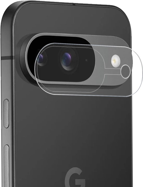 Helder gehard glas met een dunne rand over de cameralens van een zwarte Google Pixel.
