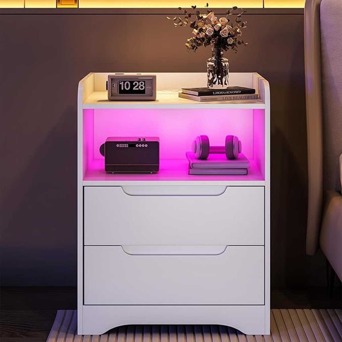 Nachtkastje met stopcontact en ledverlichting (2 AC-stopcontacten en 2 USB-poorten) - nachtkastje met 2 laden en 1 open vak - bijzettafel - banktafel voor woonkamer - slaapkamer - wit