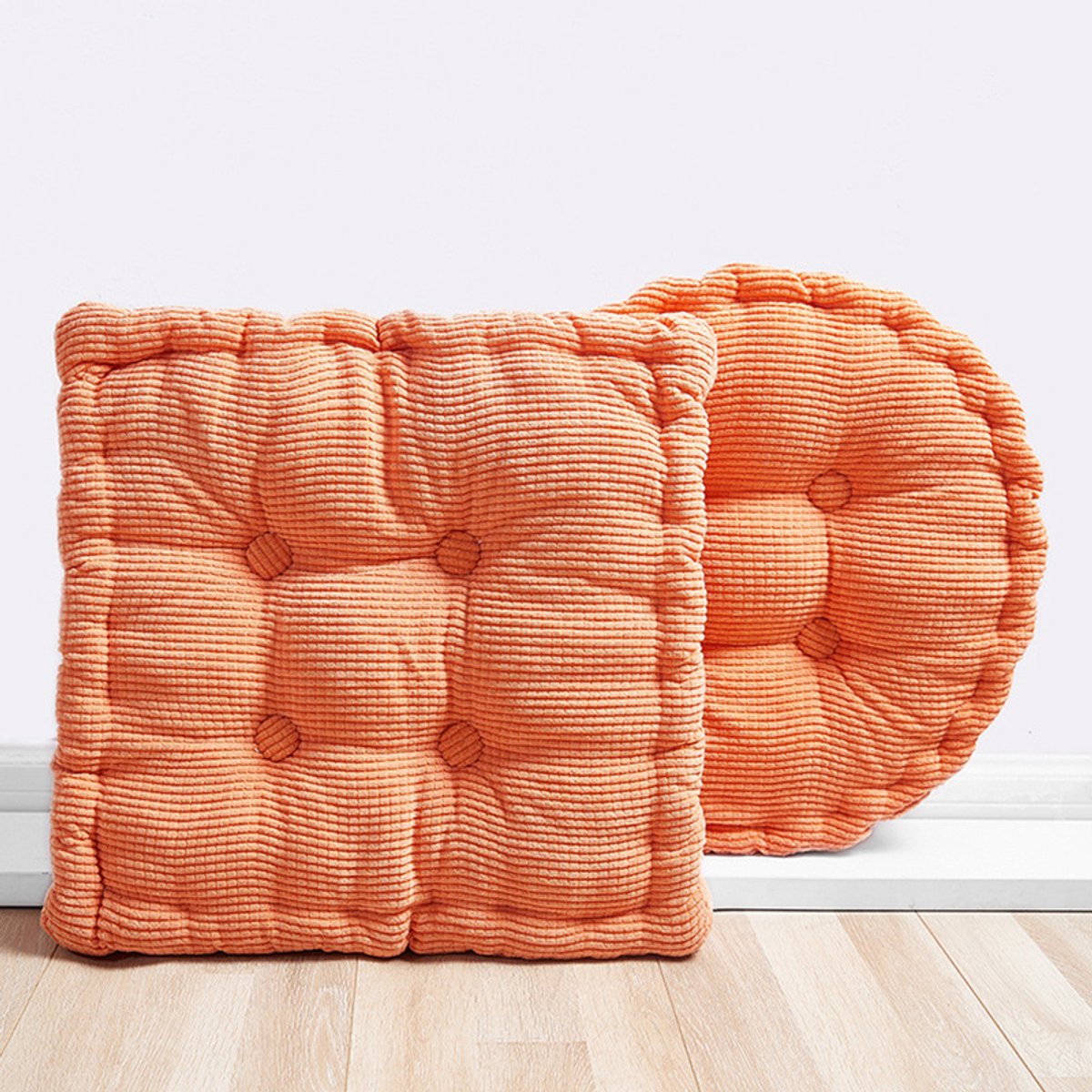 Vloermat - 2-pack - Meditatie vloerkussen - Groot vierkant en rond - Oranje corduroy - Vloerzitkussen - Yogamat voor balkon in de woonkamer - Oranje - 40*40cm - Verdikt zitkussen - Zitkussen op kantoor - Vloerstoel - Kussen voor stoel in klaslokaal