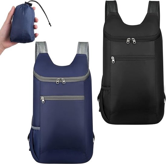 Sac à dos - Set de 2 sacs à dos pliables ultralégers - Sac à dos de randonnée imperméable - Sac à dos d'extérieur ultraléger - Sac à dos pliable - Idéal pour le camping, la Marche , les Voyages et le Sport - Zwart et bleu