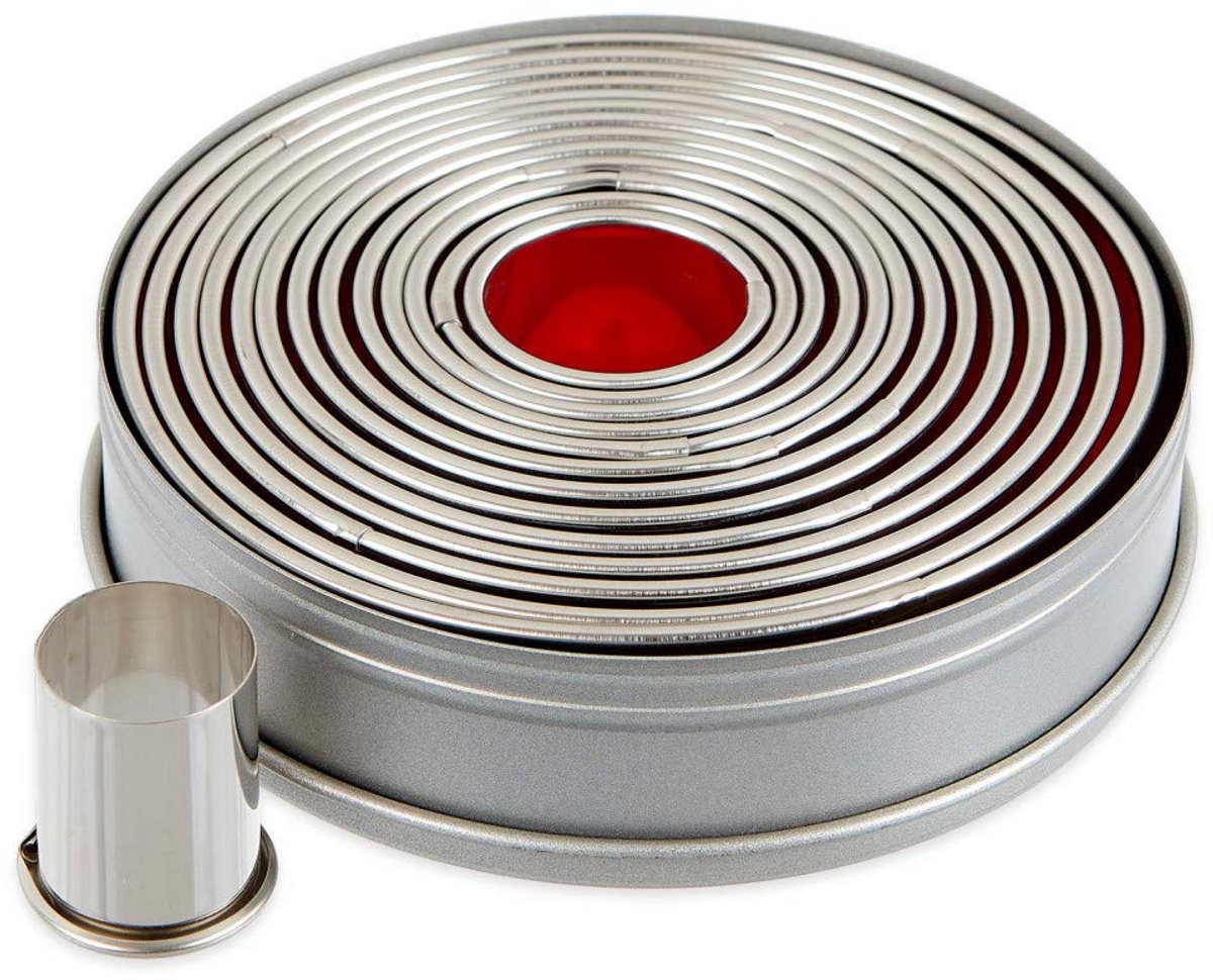 Thermohauser koekjesvormpjesset (roestvrij staal), rond, gladde rand, 14 stuks, diameter 2,3-11,0 cm, verpakt in een blikken opbergdoos