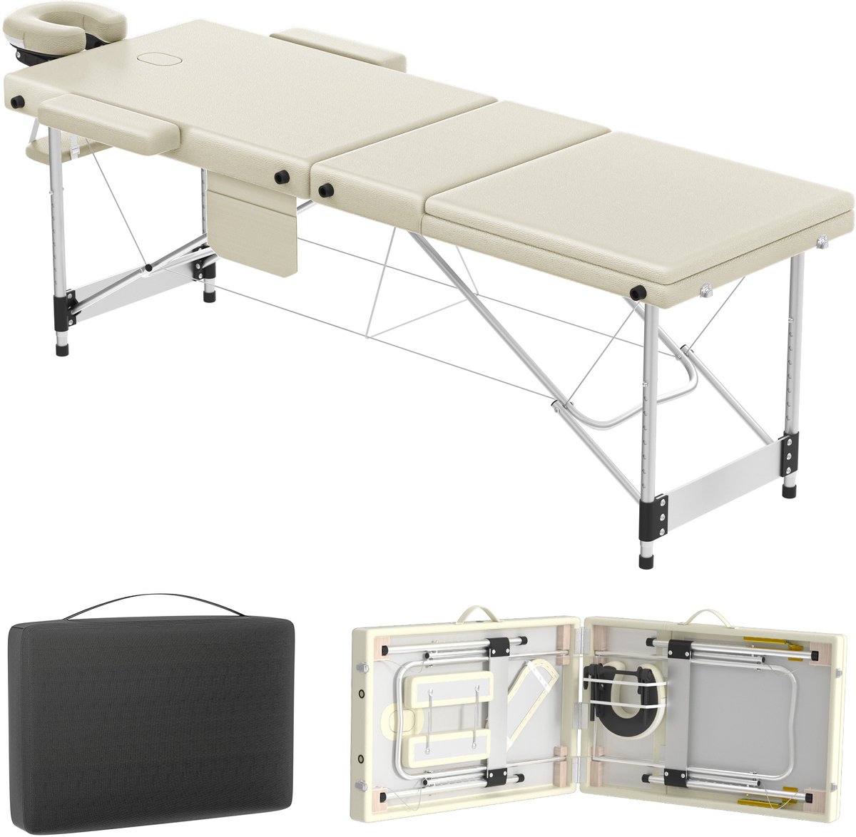 Aufun Mobiele Massagetafel, 3-Zone Opvouwbare, In Hoogte Verstelbare Aluminium Massagetafel, Massagetafel en Beautystoel, Ruim en Draagbaar, Inclusief Accessoires, Hoofdsteun, Armleuningen en Draagtas, Beige