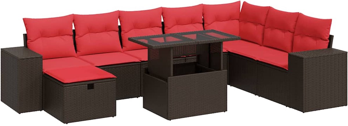 vidaXL 9-delige - Loungeset - met - kussens - poly - rattan - acacia - zwart Bruin