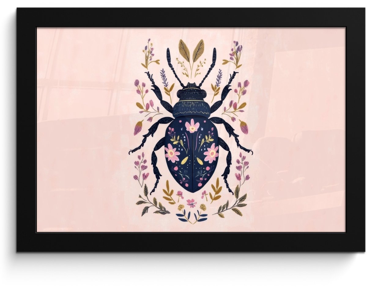 FrameYourWall Poster in lijst - Fotolijst 30x20 cm - Posters - Donkerblauw - Kever - Bloemtakken - Sierlijk - Posterlijst zwart - Decoratie - Wanddecoratie woonkamer - Muurdecoratie slaapkamer Kever - Bloemen