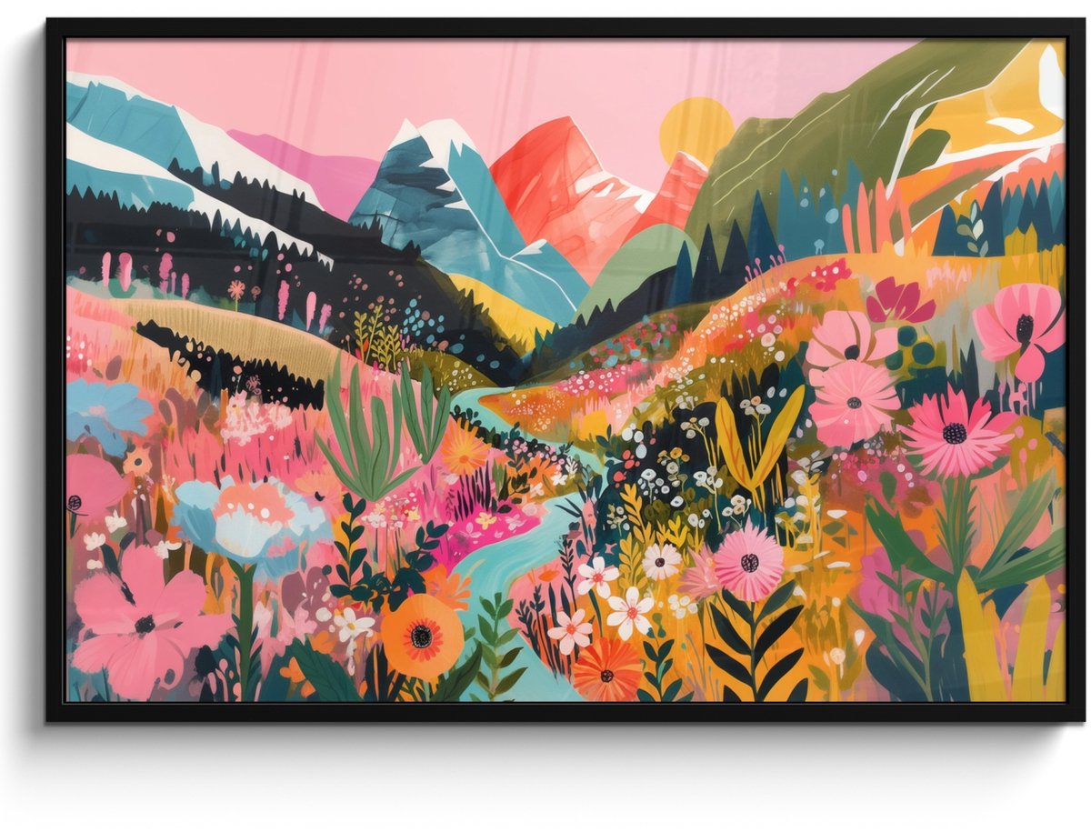FrameYourWall Poster in lijst - Fotolijst 120x80 cm - Posters - Rivier - Diepte - Bloemen - Posterlijst zwart - Decoratie - Wanddecoratie woonkamer - Muurdecoratie slaapkamer Rivier - Bergen - Kleurrijk