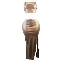 Kleding set - Maat L/XL - Stretch - 2 delig wet look rok met top bruin Nep leer dames kleding