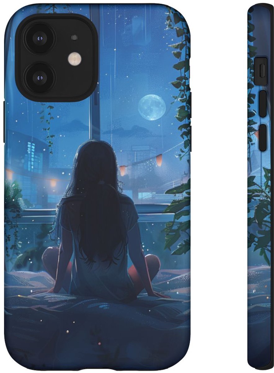 Meisje op Bed bij Nacht met Maanlicht – Telefoonhoesje Geschikt voor iPhone 12