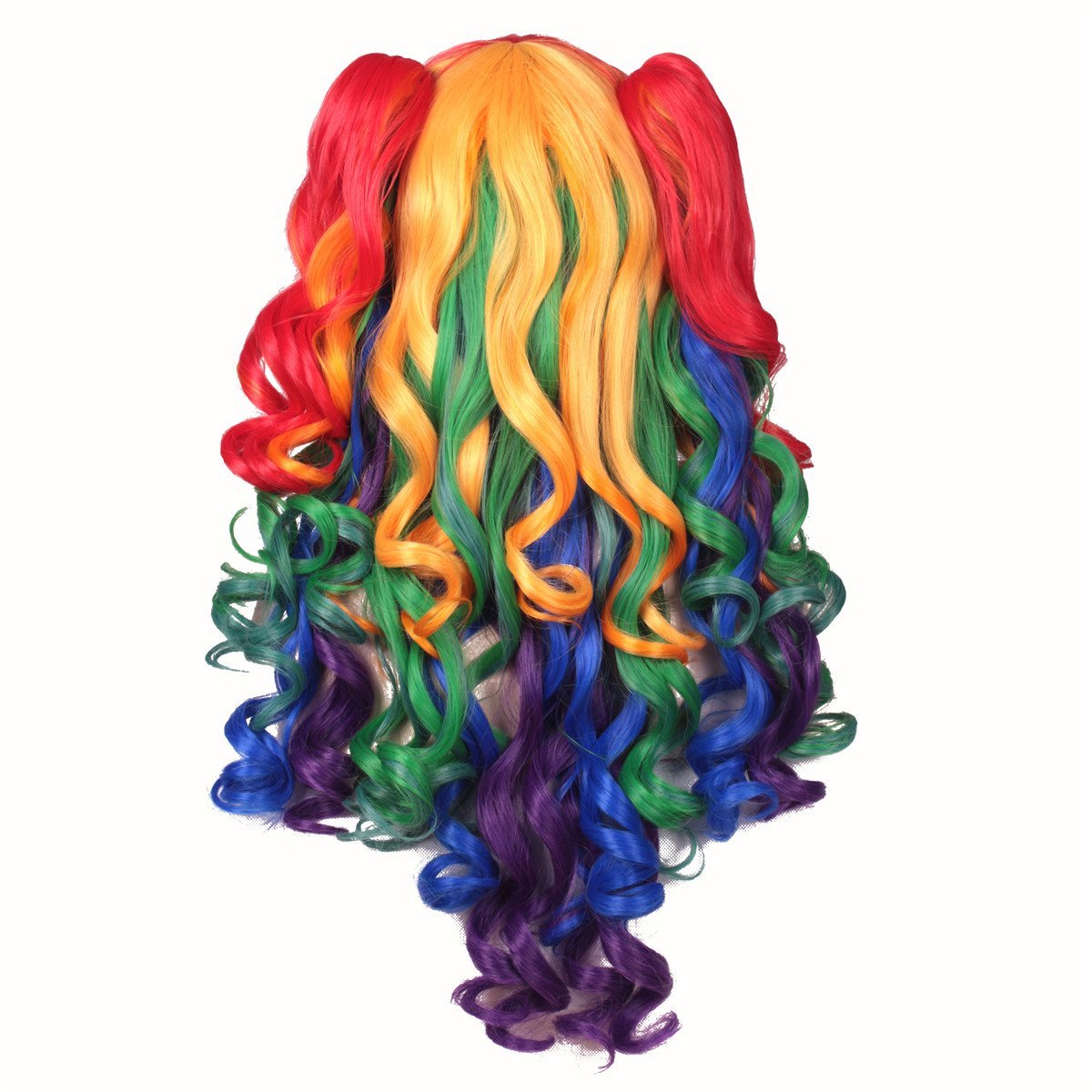 Lange krullende cosplaypruik met 2 paardenstaarten (regenboogkleur)