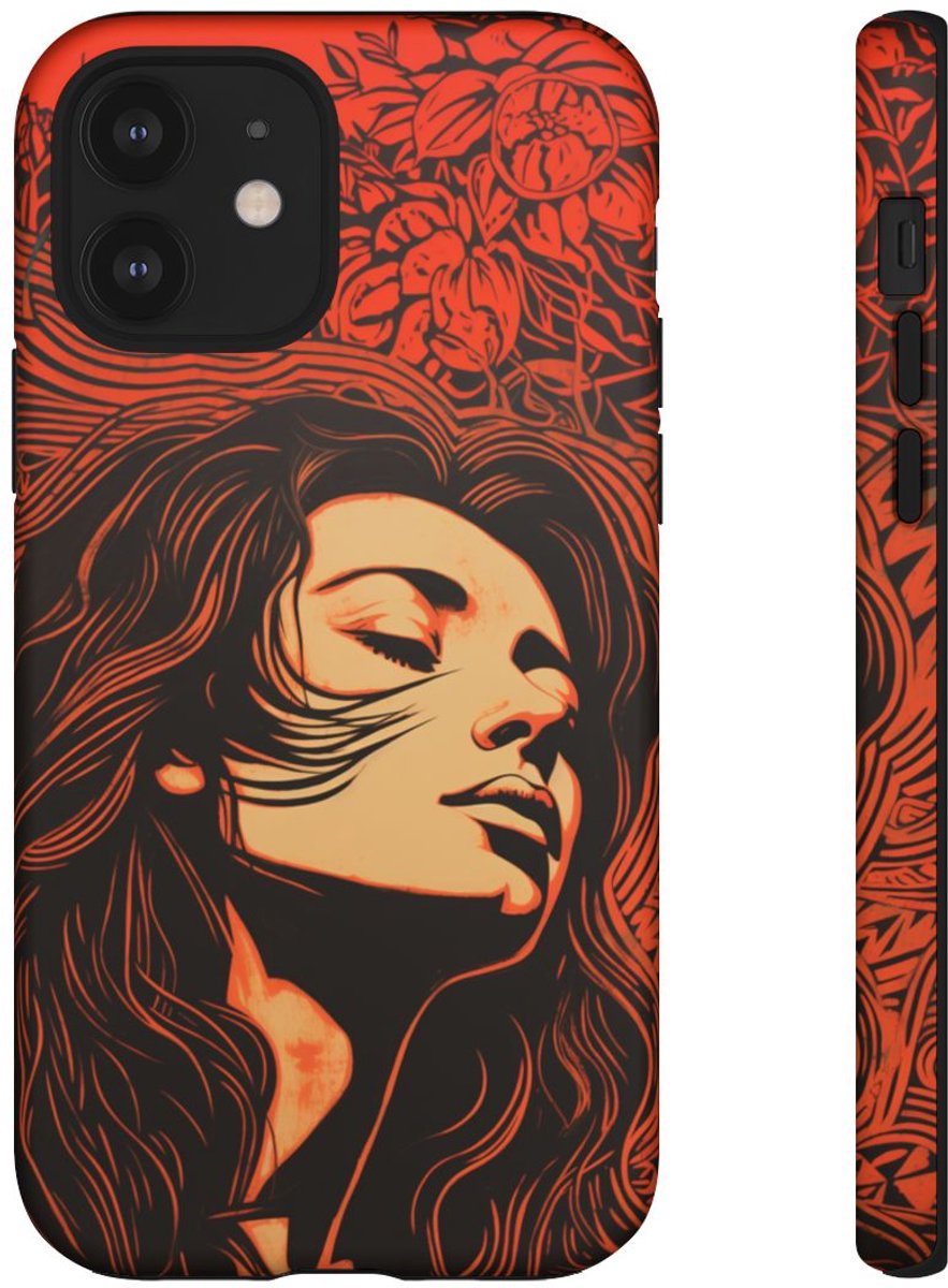Linosnede Portret van Vrouw met Bloemen – Telefoonhoesje Geschikt voor iPhone 12