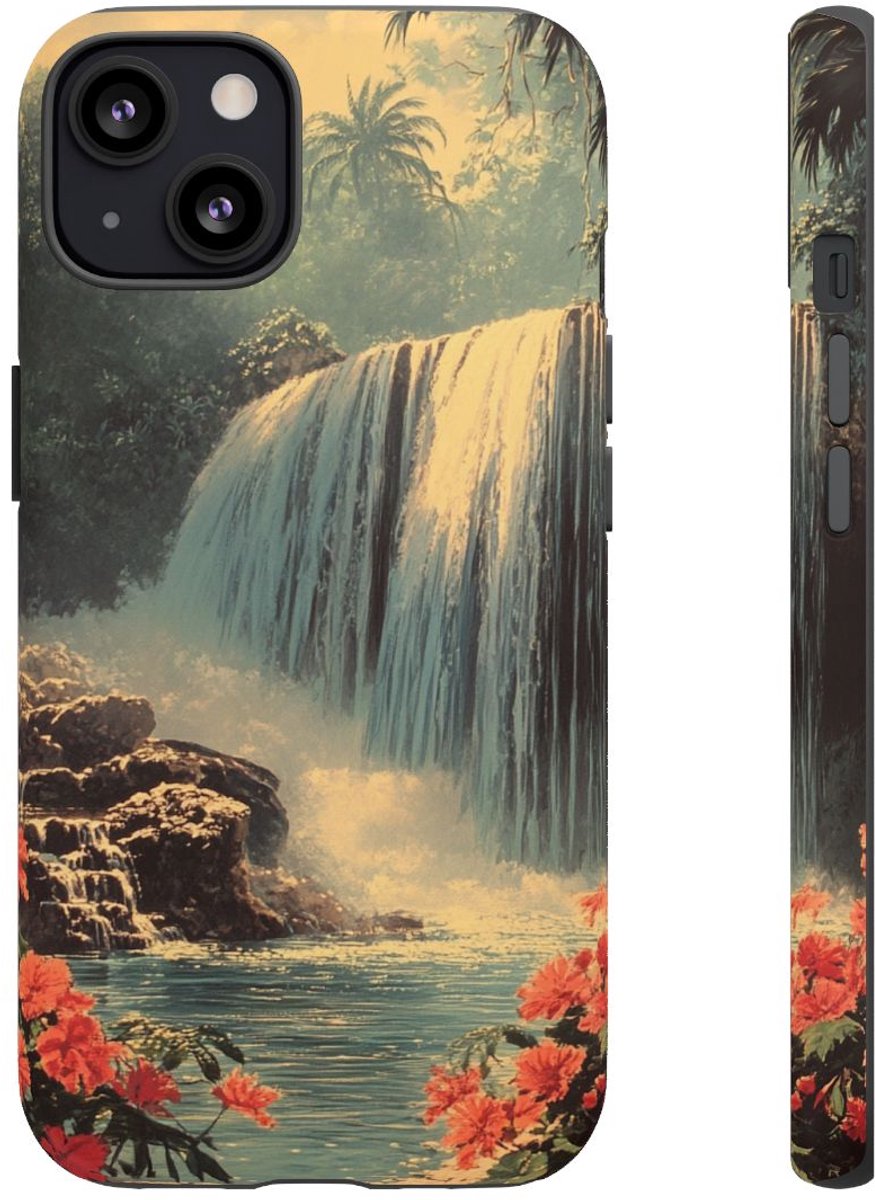 Tropische Waterval met Rode Bloemen – Telefoonhoesje Geschikt voor iPhone 13