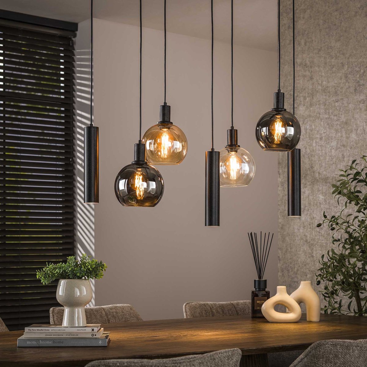 PS-Collection Hanglamp Sfera - Tricolore - Glas/Metaal - 7-Lichts - 110 cm - hanglampen eetkamer, hanglamp zwart, hanglampen woonkamer, hanglamp slaapkamer, hanglamp rotan, hanglamp hout, hanglamp industrieel, hanglamp glas, hang lamp