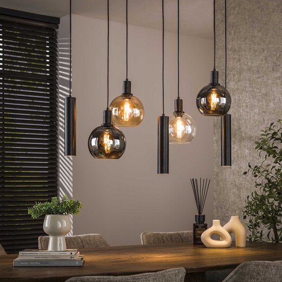 PS-Collection Hanglamp Sfera - Tricolore - Glas/Metaal - 7-Lichts - 110 cm - hanglampen eetkamer, hanglamp zwart, hanglampen woonkamer, hanglamp slaapkamer, hanglamp rotan, hanglamp hout, hanglamp industrieel, hanglamp glas, hang lamp