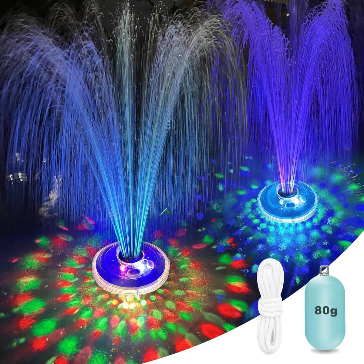 DeeprBling Drijvende zwembadfontein met onderwaterlichtshow, oplaadbare zwembadfontein op batterijen, met 2 sproeimodi met afstandsbediening en knoppen, 7 lichtmodi
