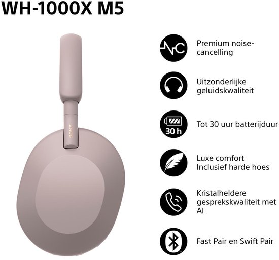 Sony WH-1000XM5 - Draadloze koptelefoon met Noise Cancelling - Smoky Pink / Roze