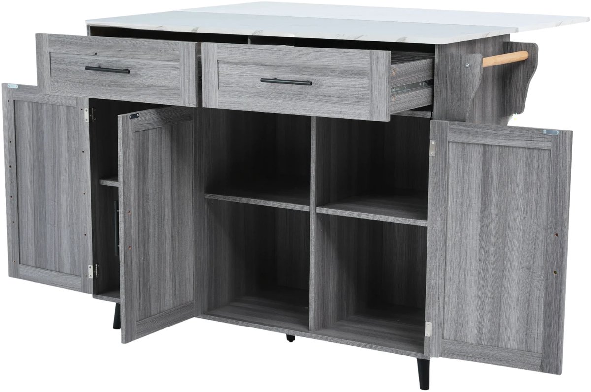 Eetkar - Keukenkast - Dinerdressoir - Aanrecht - Voor Keuken of Eetkamer - Uitschuifbaar & Stijlvol Opbergen - Wit Marmer & Kaki Grijs Hout
