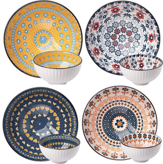 Henten Home 4 dessertkommen, snackkommen van porselein, 300 ml, keramische kommen voor rijst, dessert, veelkleurige serveerschalen, Boheemse stijl Henten Home 4 dessertkommen, snackkommen van porselein, 300 ml, keramische kommen voor rijst, dessert, veelkleurige serveerschalen, Boheemse stijl
