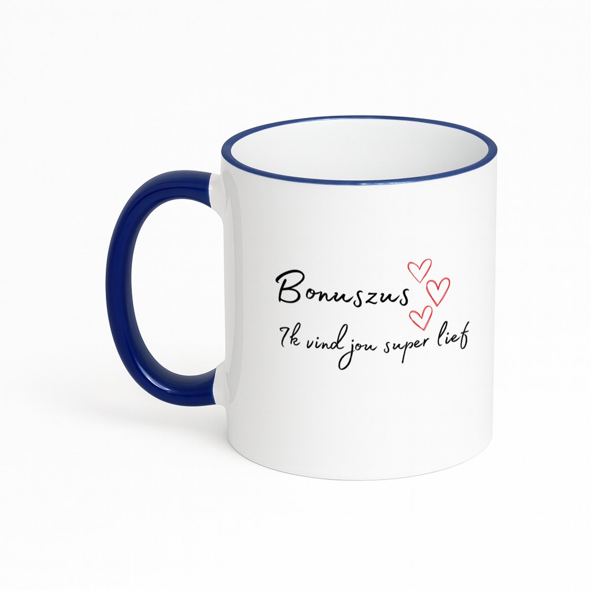 Hacebo® - bonuszoon ik vind jou super lief koffiebeker met gekleurde rand donker blauw - Zoon - de liefste bonuszoon - thee mok - koffie beker - verjaardag - cadeautje voor zoon - zoon artikelen - kado - geschenk - koffiemok - 330 ML