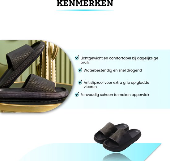 Zwarte slippers, lichtgewicht, comfortabel, waterbestendig, sneldrogend, antislip, makkelijk schoon te maken.