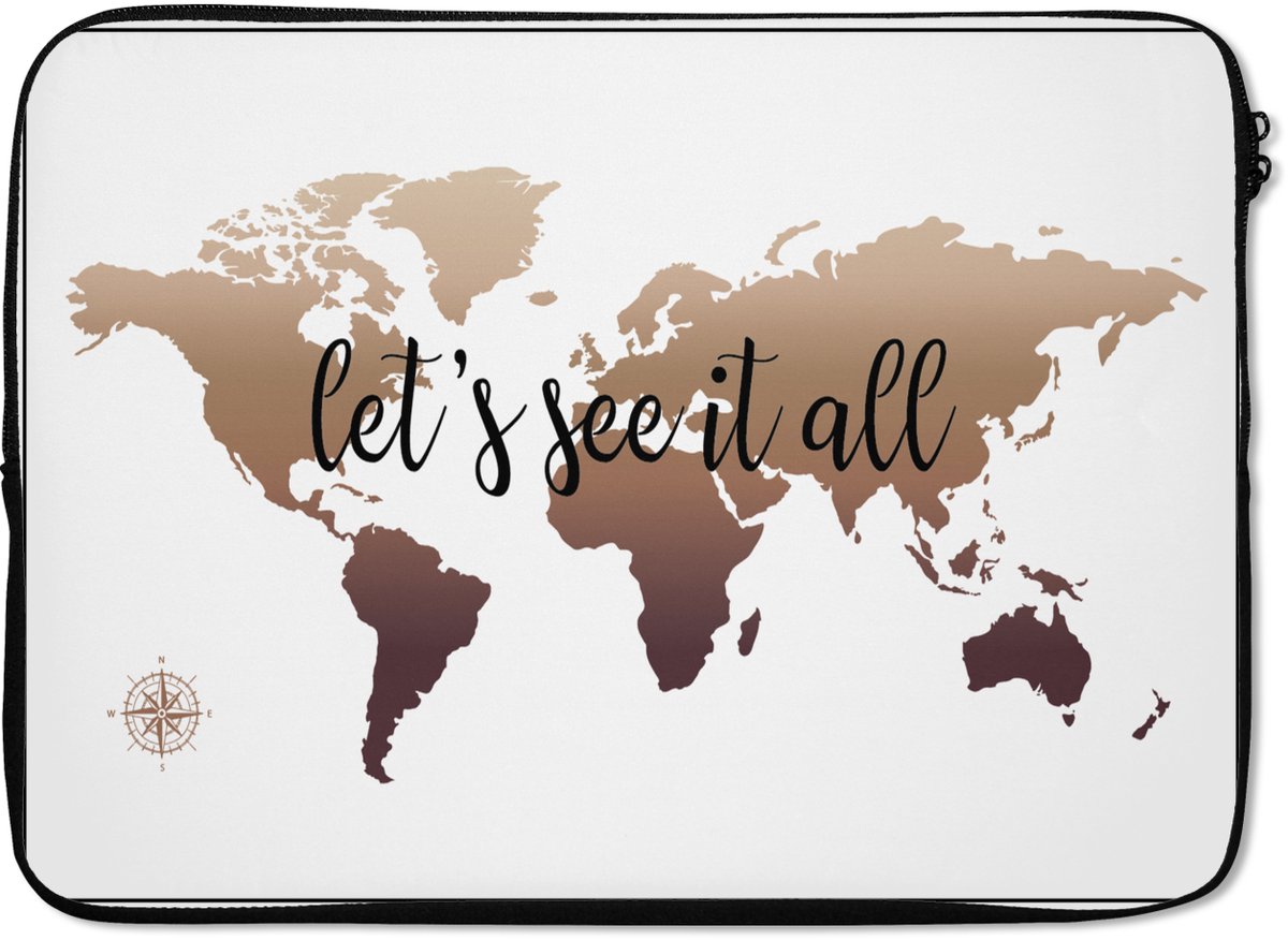 Laptophoes 13 inch - Wereldkaart - Bruin - Kompas - Laptop sleeve - Binnenmaat 32x22,5 cm - Zwarte achterkant
