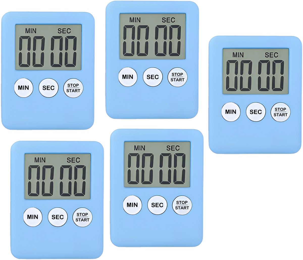 Set van 5 digitale timers, kookwekkers, alarmklokken babyblauw