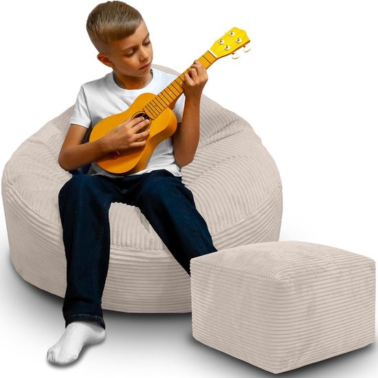 Pouf DreamRoots pour Adultes et Enfants – Pouf en velours côtelé avec repose-pieds et housse – Rembourrage inclus – 70 x 70 x 70 cm – Biscuit au sucre