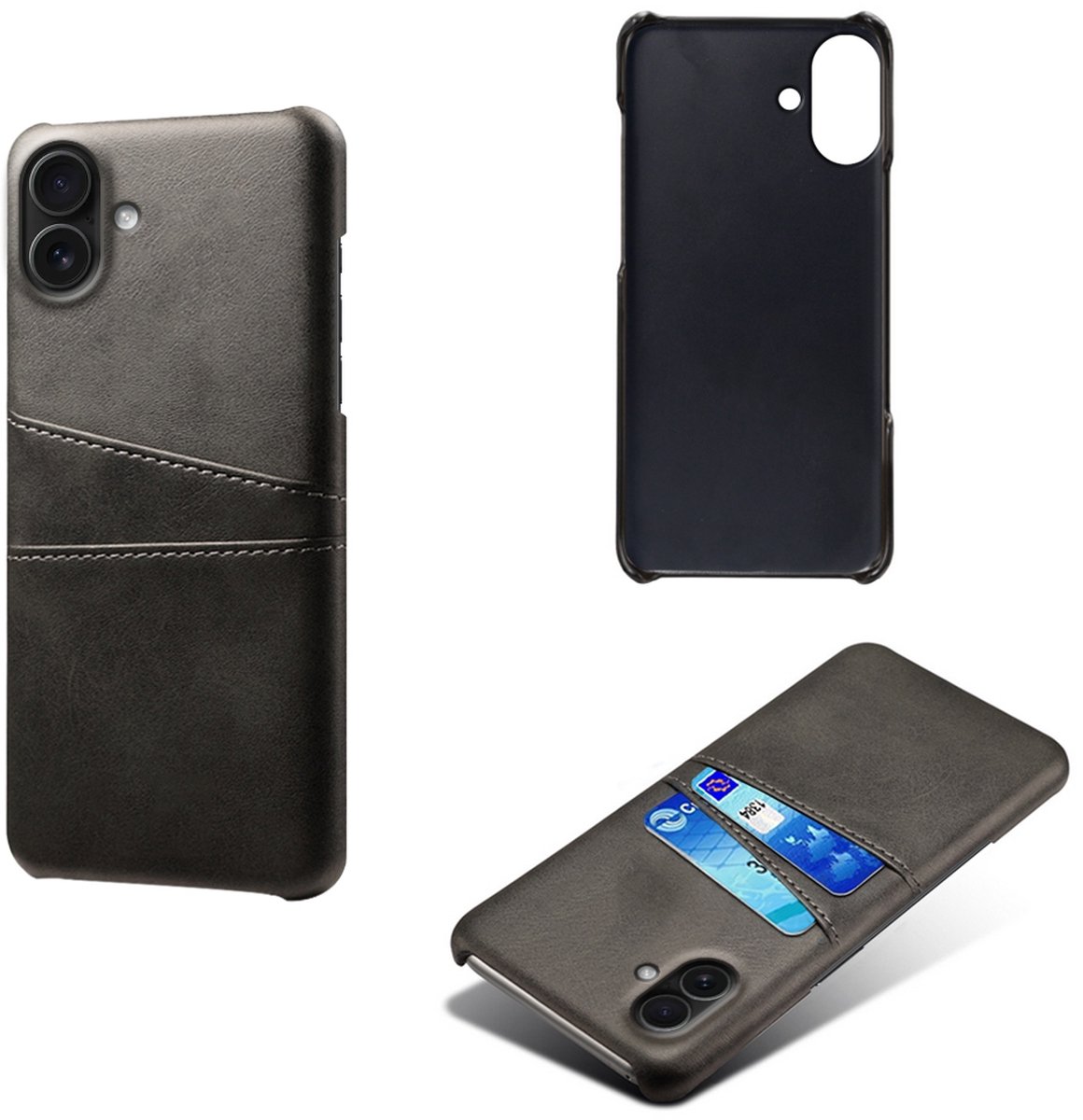 MobyDefend Hoesje - Geschikt voor iPhone 17 - Lederen Backcover Met Vakjes Pasjes - Zwart