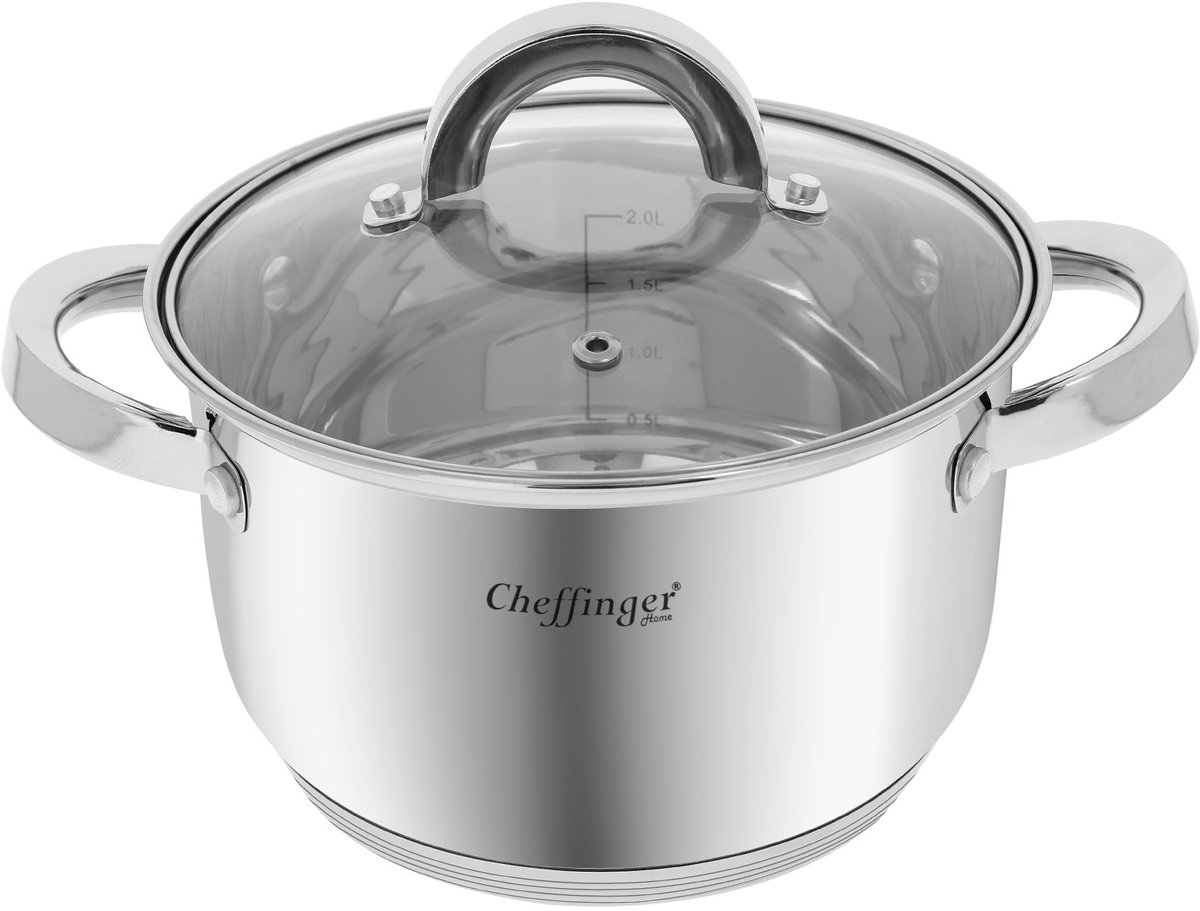 Cheffinger, Roestvrijstalen Kookpan met Glazen Deksel 18cm 2.9L Inductie Compatibel, Zilver