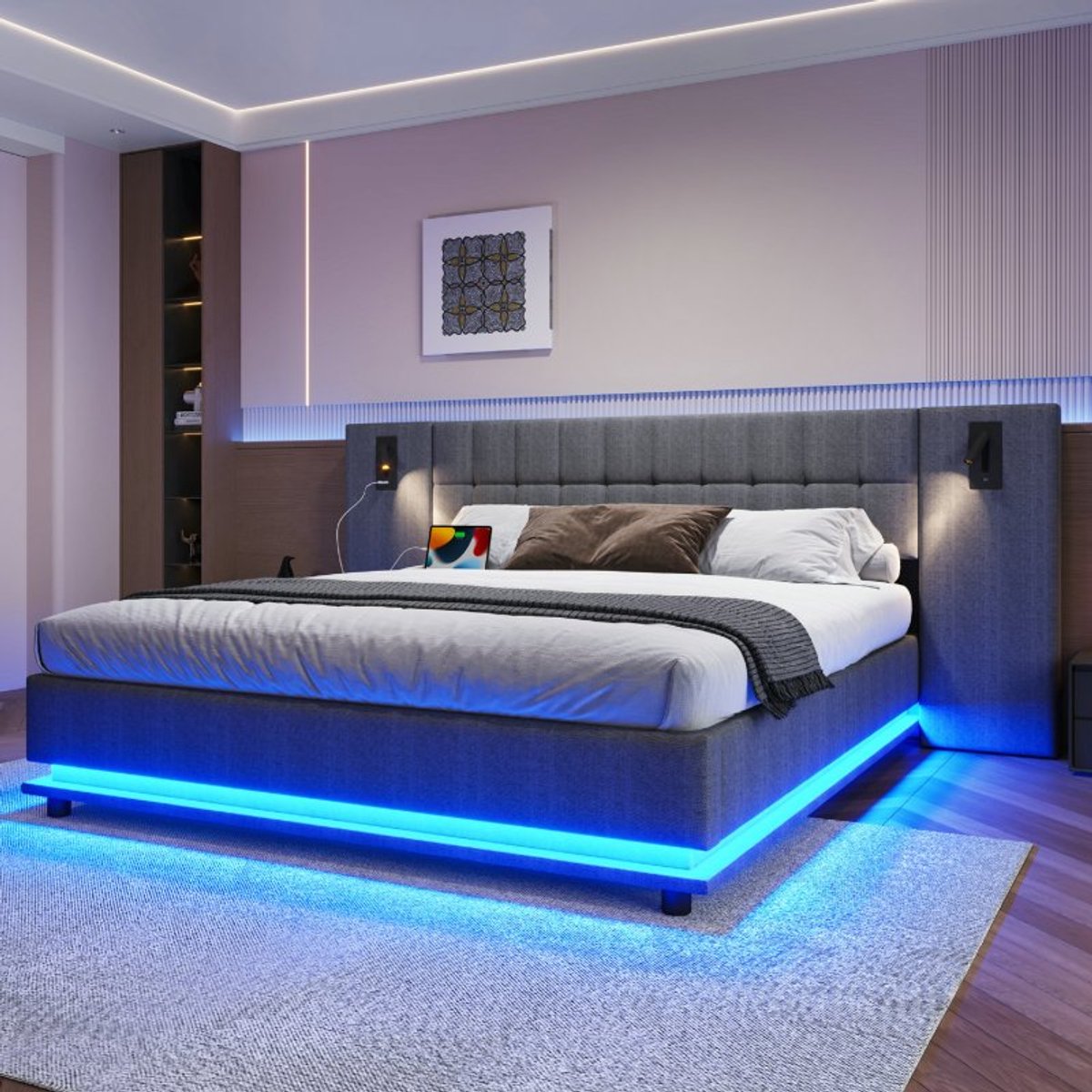 Opbergbed 180 x 200 cm bedframe met leeslamp en 2 nachtkastjes, lattenbodem voor tweeperso