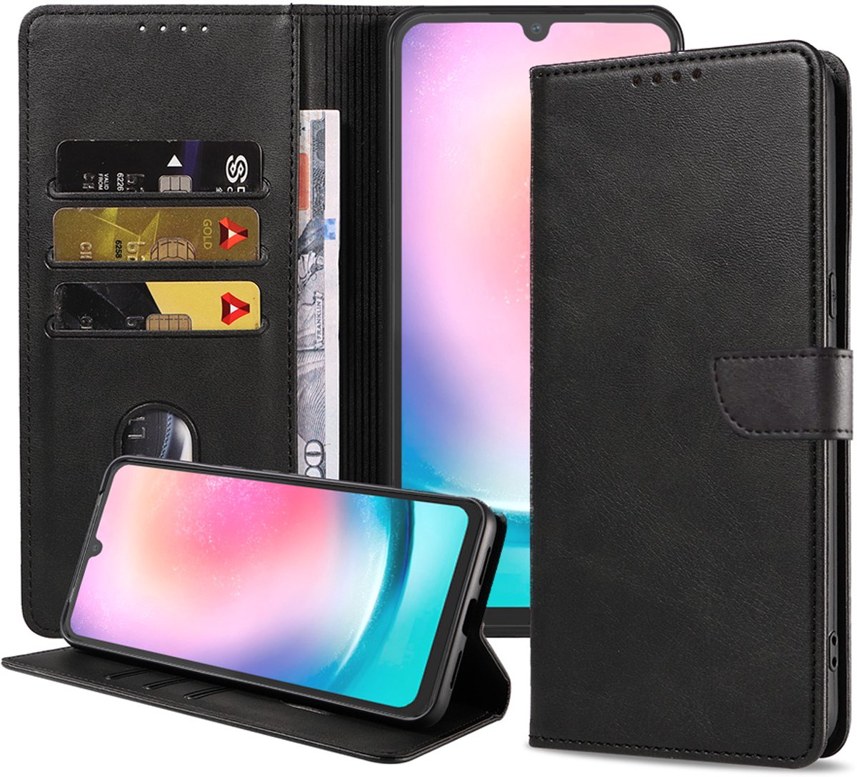 Geschikt voor Samsung Galaxy A24 4G Telefoonhoesje Kunstleer met Magnetisch lipje en Pasjeshouder Book Case met Klepje - Zwart - Smartphonica geschikt voor Samsung Galaxy A24 4G