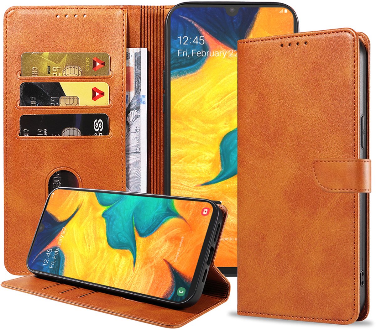 Geschikt voor Samsung Galaxy A30 Telefoonhoesje Kunstleer met Magnetisch lipje en Pasjeshouder Book Case met Klepje - Bruin - Smartphonica geschikt voor Samsung Galaxy A30
