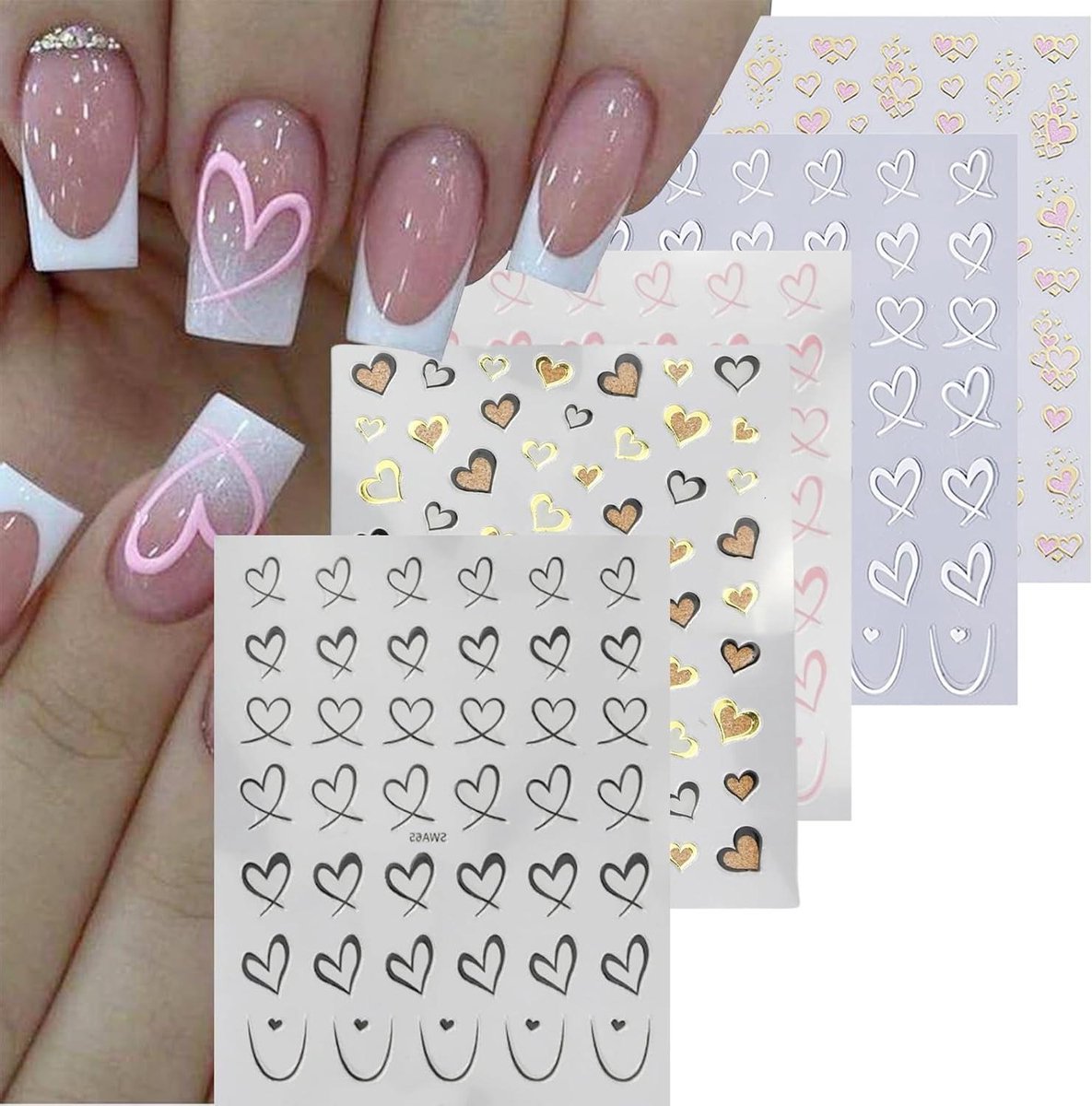 Zelfklevende nagelstickers - 5 vellen met harten en sterren - Valentijn thema