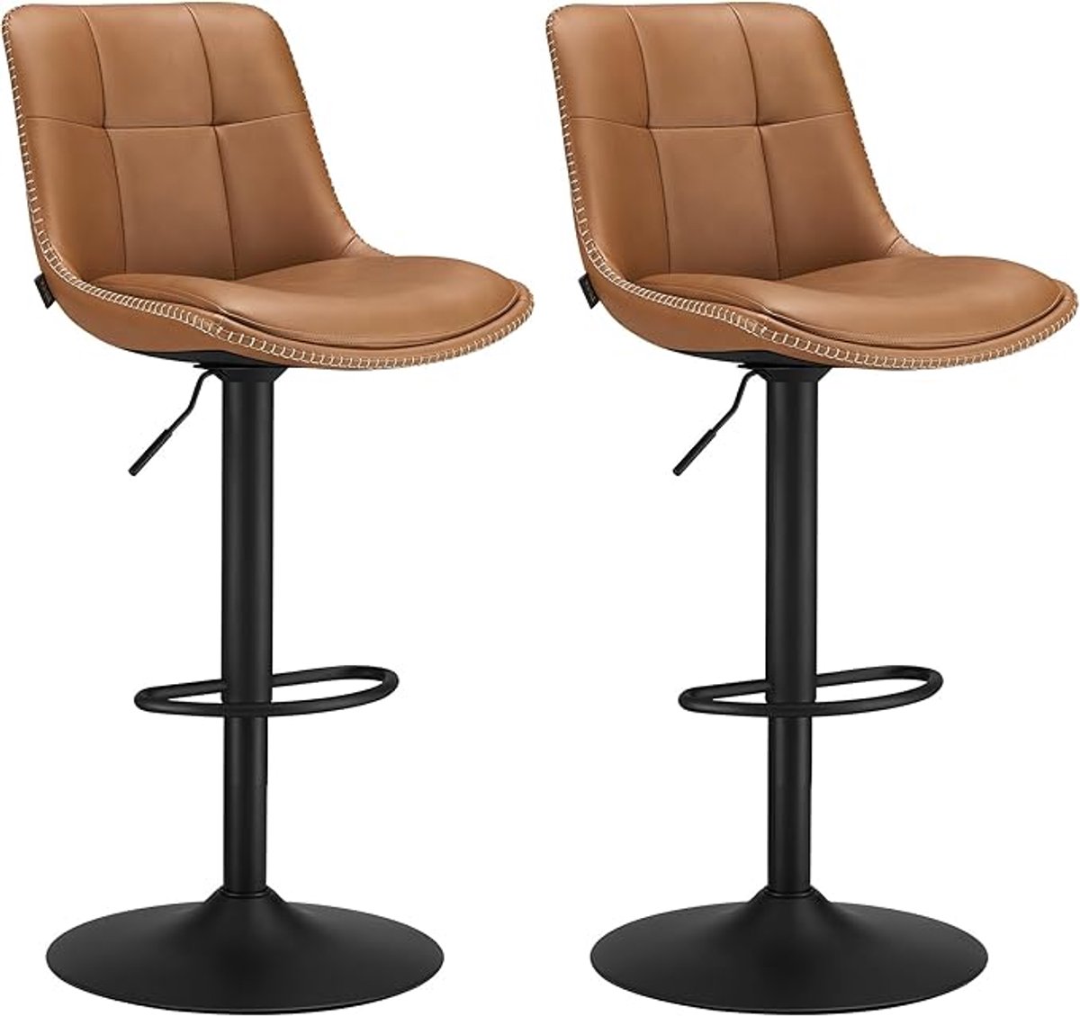 FurnStar - Barkruk Set van 2 - Barstoelen - Ergonomische Rugleuning - Kunstleer - Metalen Poten met Verstelbare Universele Poten - Tussen 63 en 84 cm in hoogte verstelbaar - 360 graden draaibaar -Thuisbar - Eenvoudige Montage - Karamelbruin