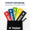 Vijf Hulser weerstandsbanden (rood, blauw, groen, geel, zwart) in een zwarte opbergtas.