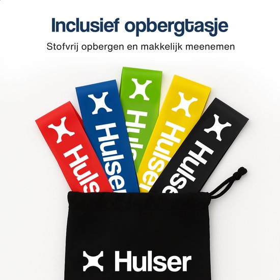 Vijf Hulser weerstandsbanden (rood, blauw, groen, geel, zwart) in een zwarte opbergtas.