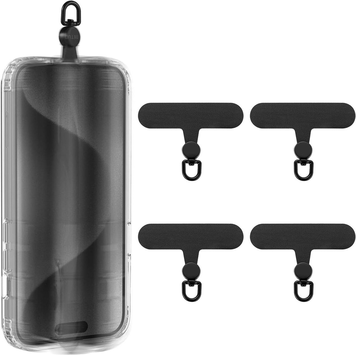 Allecto Plus - Set van 4 telefoon-lanyard-patches met 360° draaibaar design - Zwart - Compatibel met iPhone en andere smartphones - Inclusief volledige afdekkingen