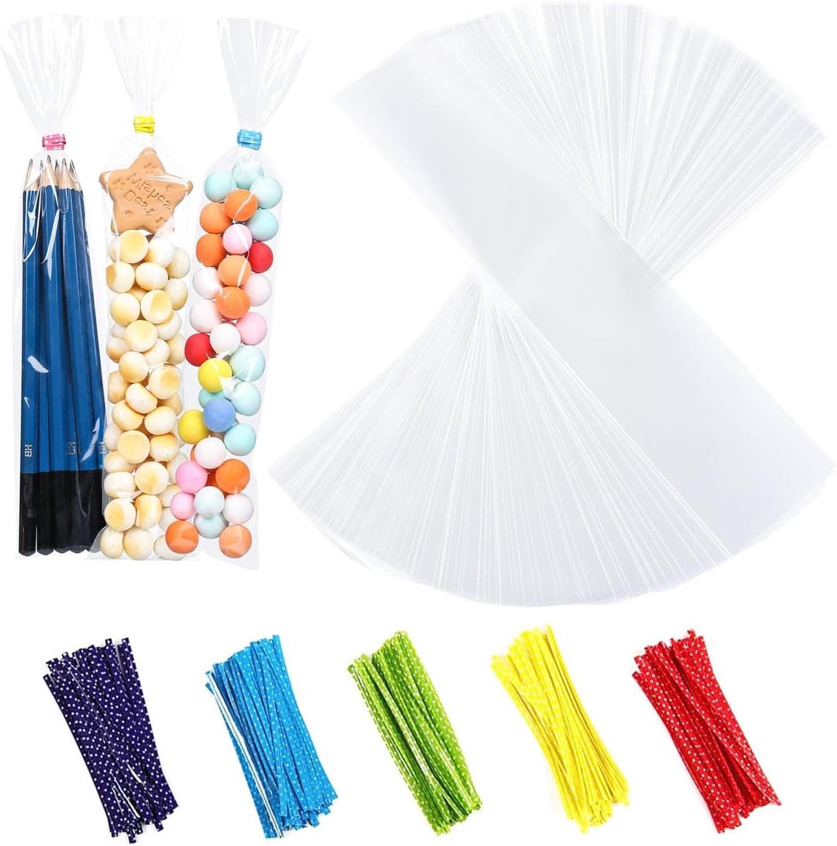 Allecto Plus - 100 Transparante Cellofaanzakjes 25 x 5 cm - Voor Snoep en Cadeau - Inclusief 100 Twist-bindingen